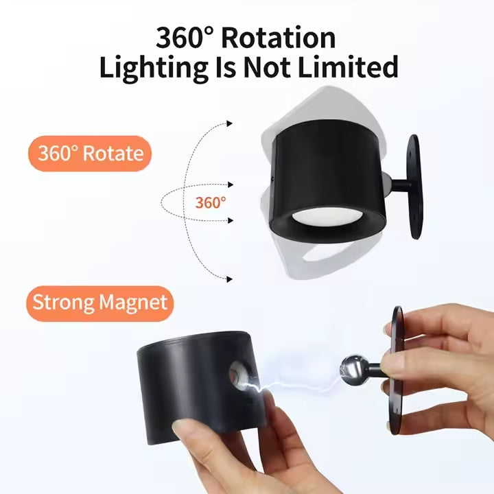 Applique murale à LED Lampe murale rechargeable Rotation à intensité variable Applique murale sans fil pour chambre à coucher Lecture Étude Chevet